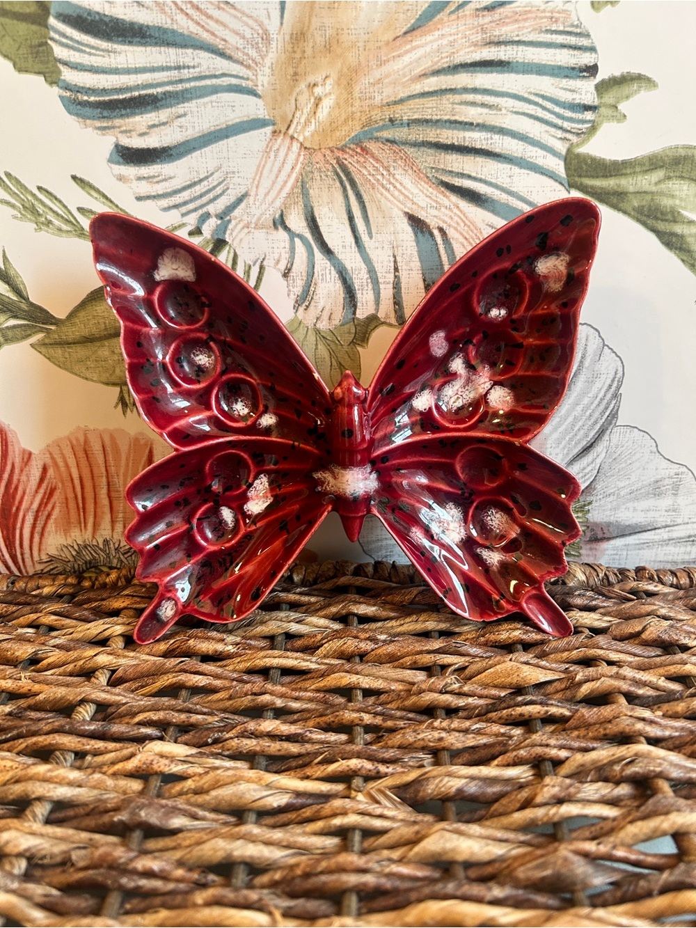 Handmade Red Ceramic Butterfly Dish Signed Greensbury 1979 Art Pottery Trinket
